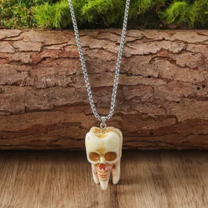 Gothic skull tooth pendant necklace vintage punk rock jewelry accessory for men and women.