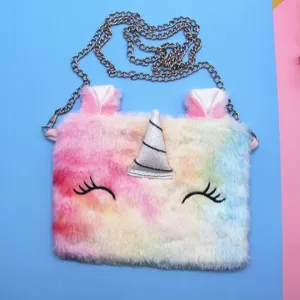 Cute unicorn plush crossbody bag for kids, colorful furry shoulder bag and coin purse main view