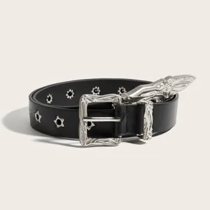 Cintura in Pelle PU con Borchie a Stella Punk Per Uomo Donna Vintage Hip Hop Fibbia ad Ardiglione Cinturino per Jeans Inciso Floreale
