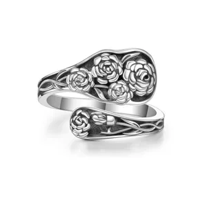 Vintage Alloy Floral Spoon Ring Antique Silver Color Embossed Carnation Flower Open Adjustable Thumb Ring For Women Jewelry Gift