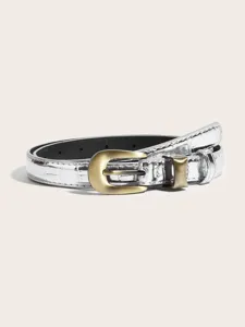 Cintura sottile da donna in metallo argentato goffrato con fibbia vintage dettaglio jeans