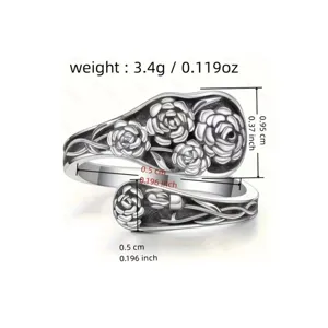 Silver vintage floral wrap ring with rose embossed pattern, detailed size and weight spec.