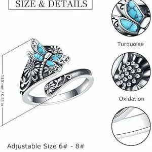 Vintage bohemian sterling silver turquoise dragonfly sunflower wrap ring adjustable size