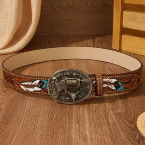 Vintage western style leather belt with revolver bull skull buckle and floral carved feather.