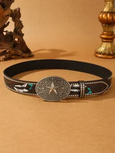 Vintage Western style leather belt featuring antique metal star buckle and carved details.