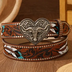 Vintage Western style cowhide leather belt featuring carved feather patterns and metal buckle.