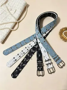 Punk style double grommet denim belt set with star pattern and metal eyelet details.