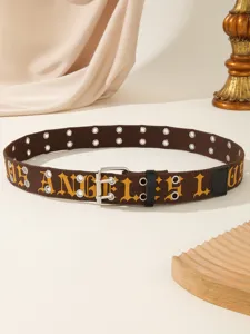 Close-up of the vintage brown canvas belt featuring gothic letter print and metal eyelets.