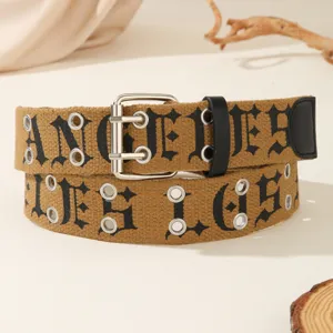 Vintage gothic letter print canvas belt with double metal grommets and pin buckle for street style.