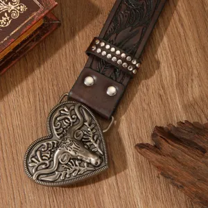 Vintage western leather belt with carved floral details and buckle for daily wear style