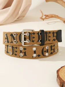 Gothic letter canvas belt with double-row eyelets and vintage metal buckle for street style.