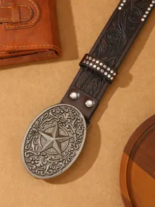 Western style brown embossed leather belt with vintage metal star buckle and rivet studs for men.