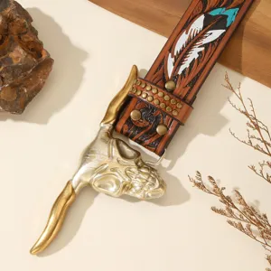 Vintage western style leather belt with bull skull buckle and carved feather design