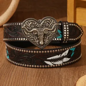 American western style leather belt retro bull skull heart metal buckle carved feather cowhide