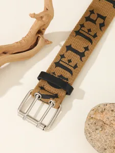 Vintage gothic letter printed canvas belt with double prong metal buckle and leather loop