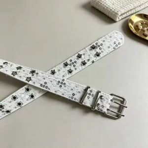 White tweed punk style double buckle belt with star metal stud rivets for jeans fashion