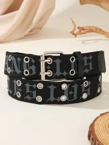Gothic letter canvas belt with double-row metal eyelets vintage street style decorative belt