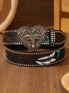 Vintage western leather belt with bull skull heart buckle, studded carved cowhide strap.