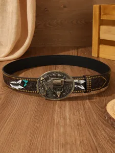 Vintage Western style genuine leather belt with antique bronze revolver buckle and feather carved details.