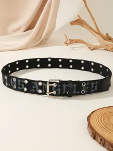 Gothic letter canvas belt with double grommets and vintage style for street fashion looks.
