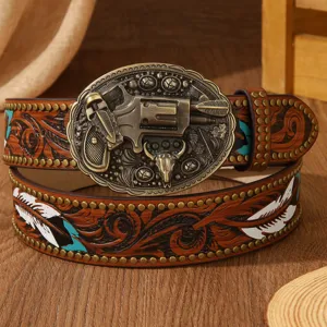 Vintage western leather belt with detailed gun buckle and embossed feather strap details.