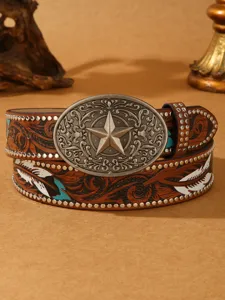 Detailed view of the American western vintage leather belt with carved feather and metal star buckle.
