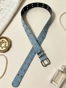 Punk style light blue denim double grommet belt with silver metal buckles for women fashion.