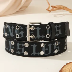 Gothic letter canvas belt with double grommets, punk style street accessory, black.