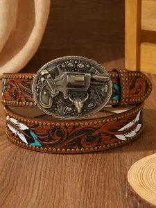 Western vintage cowhide leather belt with revolver buckle, carved feather design.