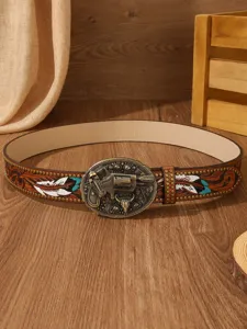 Western style vintage carved leather belt with detailed antique metal gun buckle.