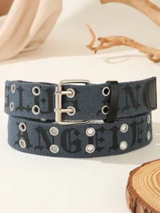 Gothic letter canvas belt detail, vintage double grommet design with metal buckle street style.