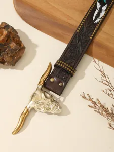 Western style leather belt with bull skull buckle retro floral carved cowhide jean belt for men