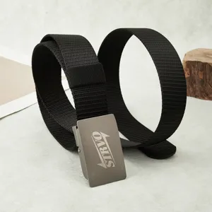 Ceinture tactique en toile noire unisexe avec sangle en nylon et boucle métallique automatique.