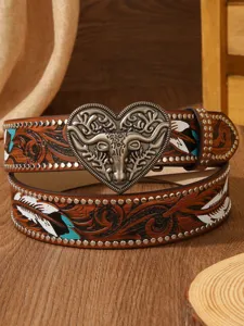 American western style vintage cowhide leather belt with heart bull skull metal buckle and carved feathers.