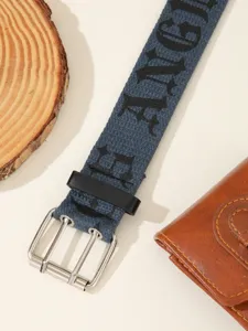 Retro gothic letter canvas belt with double pin buckle, trendy street style accessory.