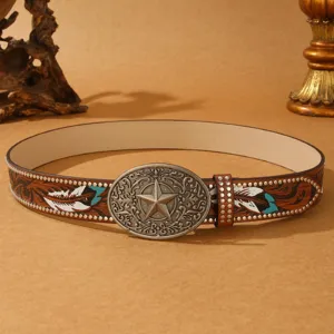 American Western Retro Leather Belt Embossed Carving Feather Pattern Alloy Star Buckle Rivet Studded Cowboy Belt For Men Women
