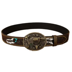 American vintage western leather belt with metal revolver buckle and carved feather design
