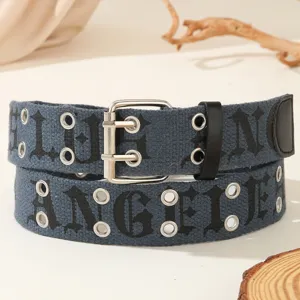Gothic letter canvas belt detail view showing retro double metal eyelets and pin buckle.
