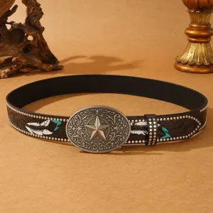 Vintage western leather belt with carved feather pattern and metal star buckle for men women