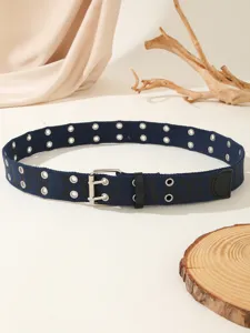 Dark blue canvas belt with double row eyelets and gothic letters for street wear detail.