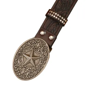 American Western retro leather belt with carved feather pattern and large metal star buckle.