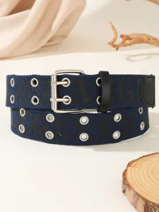 Vintage gothic canvas belt with double grommets and metal pin buckle for street style.