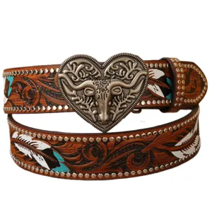 Western style genuine leather belt with retro carved floral pattern and bull skull heart buckle.