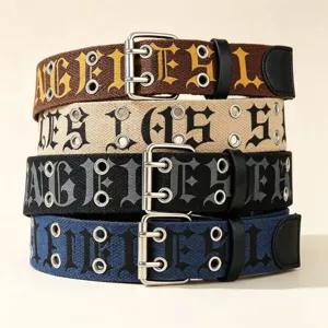 Gothic Letter Canvas Belt American Streetwear Vintage Distressed Double Row Eyelet Pin Buckle Belt Punk Rock Decorative Waistband For Men Women