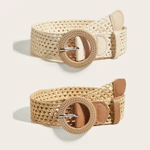 Dames Geweven Riem Vintage Casual Jurk Tailleband Ronde Houtnerf Gesp PU Lederen Afwerking Stro Geweven Riem