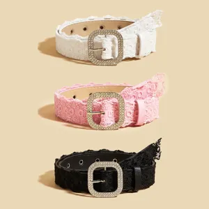 Women lace rhinestone buckle belt set, elegant casual dress waist accessories black white pink