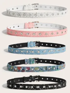 Ceintures en denim et sequins pour femmes avec œillets étoiles, boucles polyvalentes pour usage quotidien.