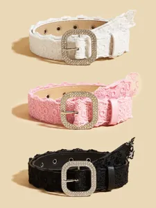 Women lace rhinestone buckle belt set, stylish sweet waist accessory white pink black.