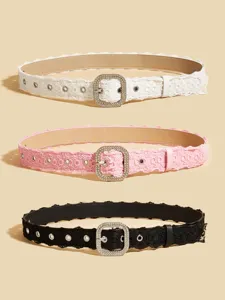 Detailed view of women's fashion lace decorative belts with sparkling rhinestone square buckles.