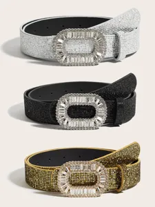 Women sparkly rhinestone buckle belt set, elegant sequin wide waist belt for dress coat.